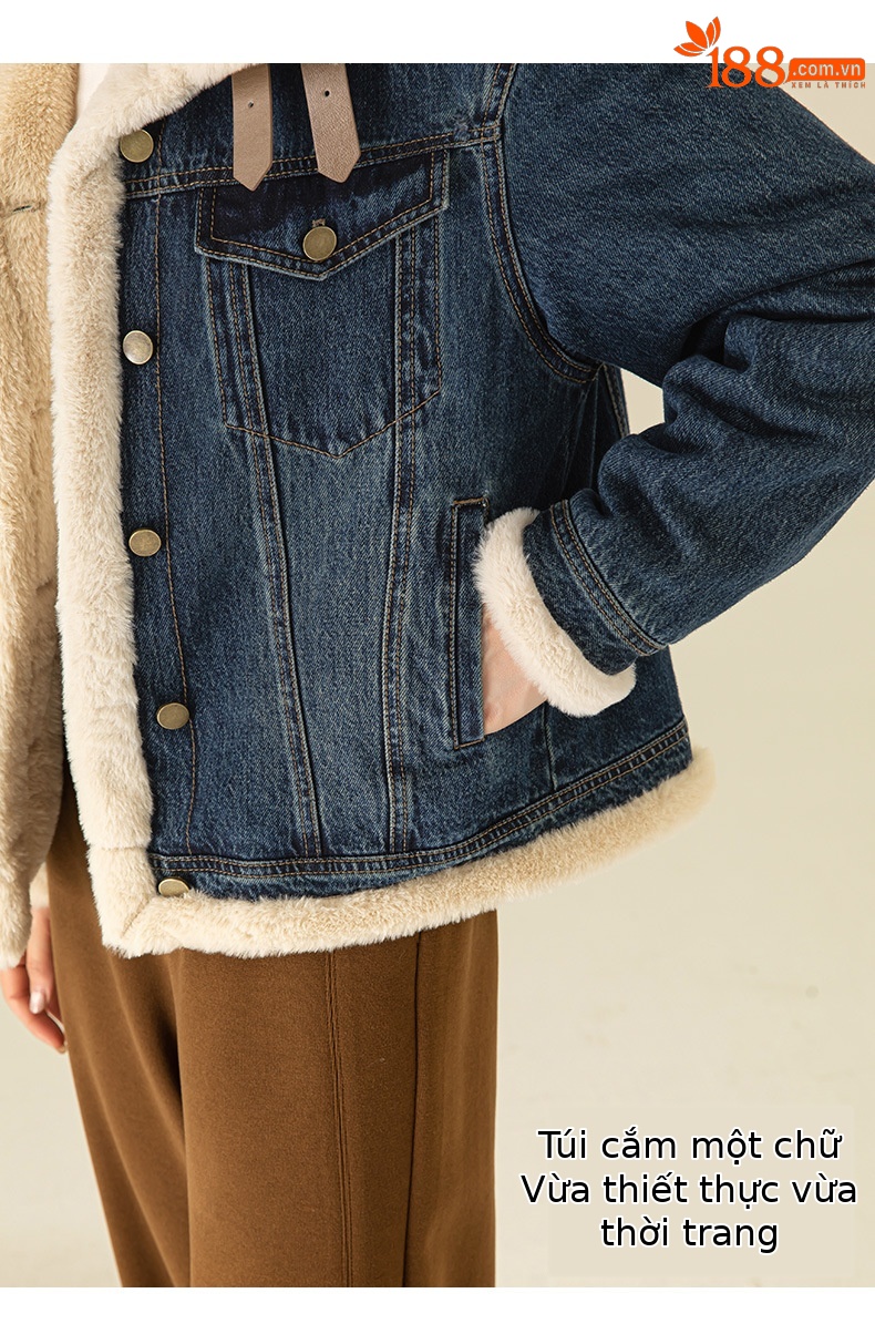 Áo khoác denim nữ phong cách Hàn Quốc, dáng suông, có lớp lót nhung dày giữ ấm — Màu xanh lam (ấm chống lạnh cộng với nhung dày) chi tiết 13