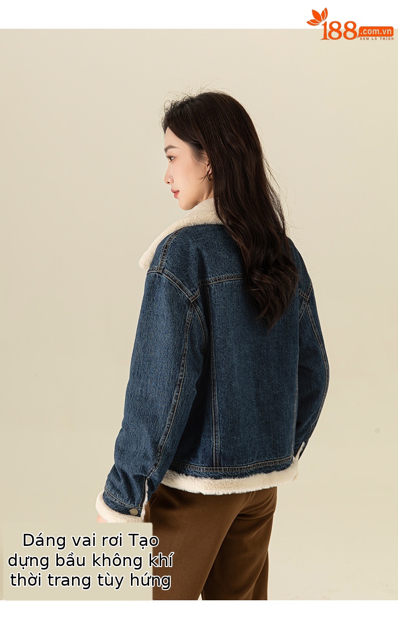 Áo khoác denim nữ phong cách Hàn Quốc, dáng suông, có lớp lót nhung dày giữ ấm — Màu xanh lam (ấm chống lạnh cộng với nhung dày) chi tiết 14