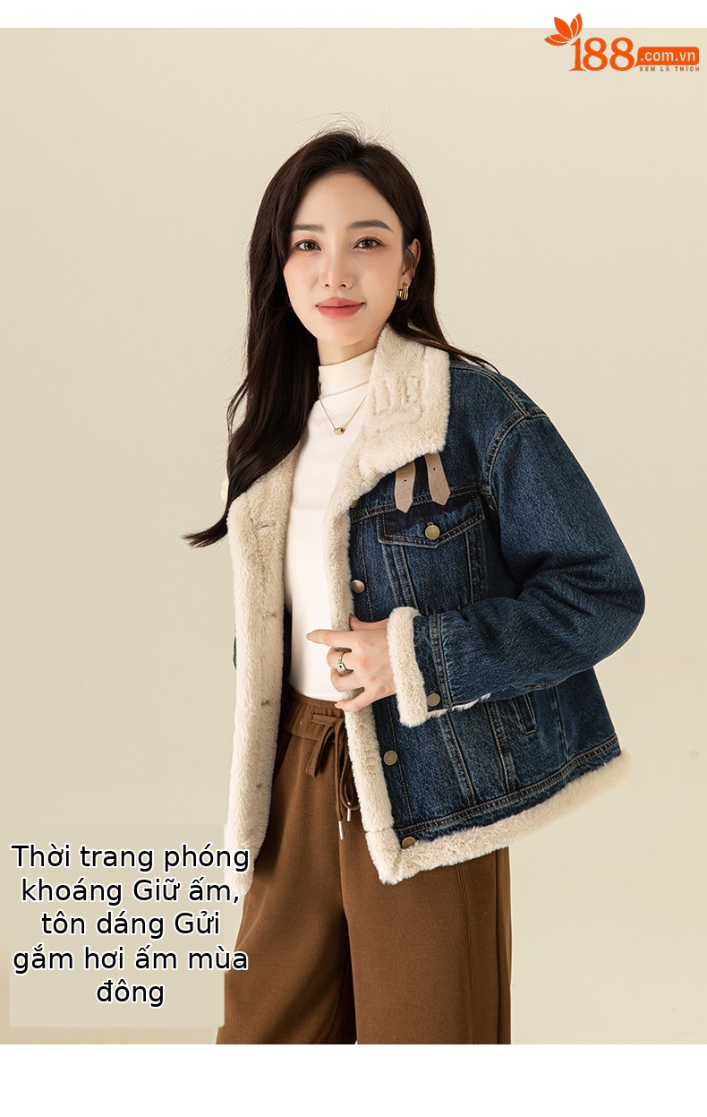 Áo khoác denim nữ phong cách Hàn Quốc, dáng suông, có lớp lót nhung dày giữ ấm — Màu xanh lam (ấm chống lạnh cộng với nhung dày) chi tiết 15