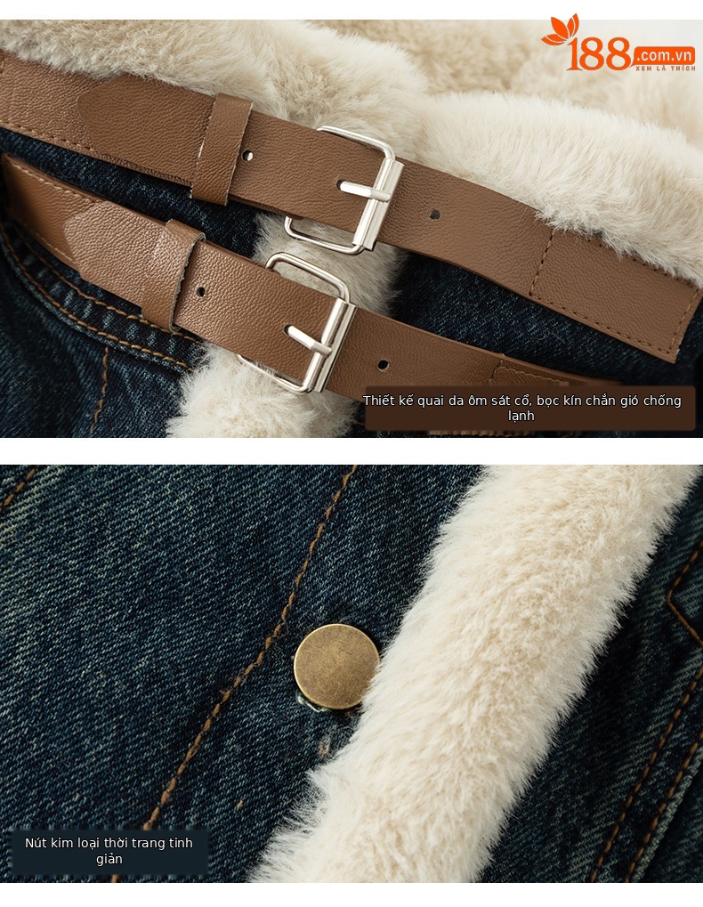 Áo khoác denim nữ phong cách Hàn Quốc, dáng suông, có lớp lót nhung dày giữ ấm — Màu xanh lam (ấm chống lạnh cộng với nhung dày) chi tiết 17