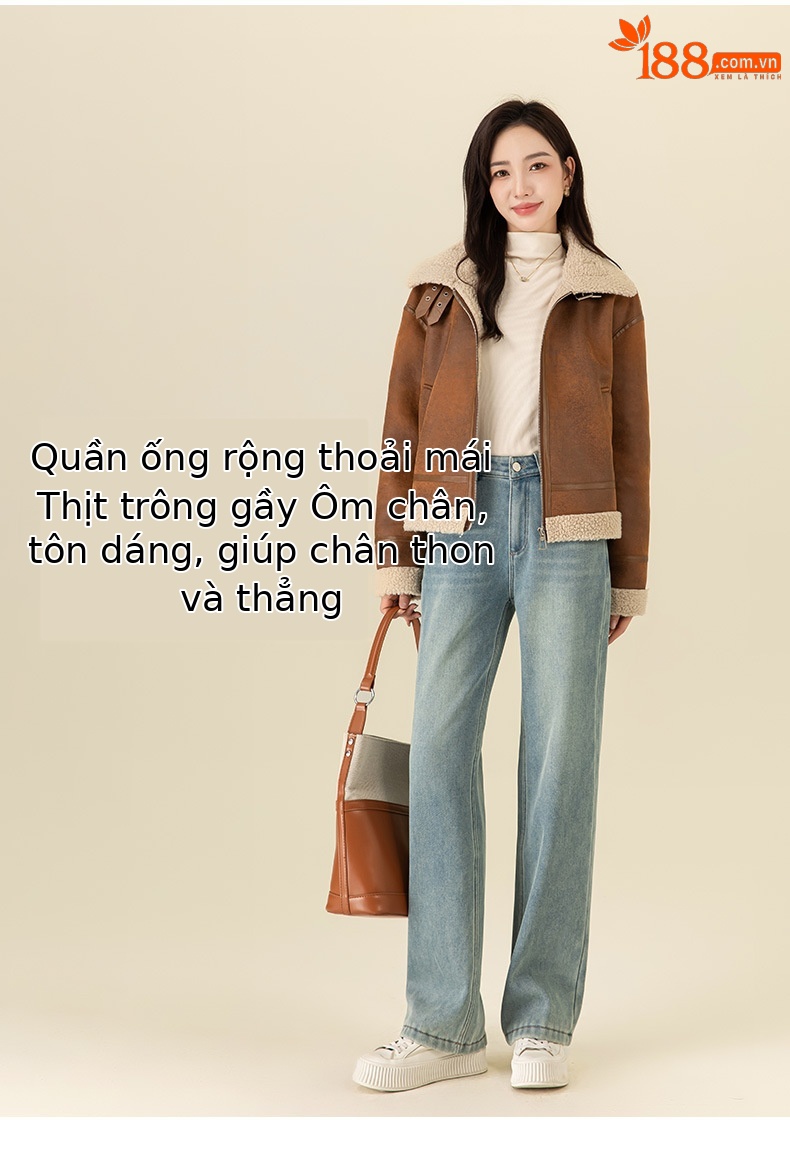 Quần jean ống rộng nữ lưng cao lót lông cừu dáng dài chạm sàn — Màu xanh lam nhạt chi tiết 10