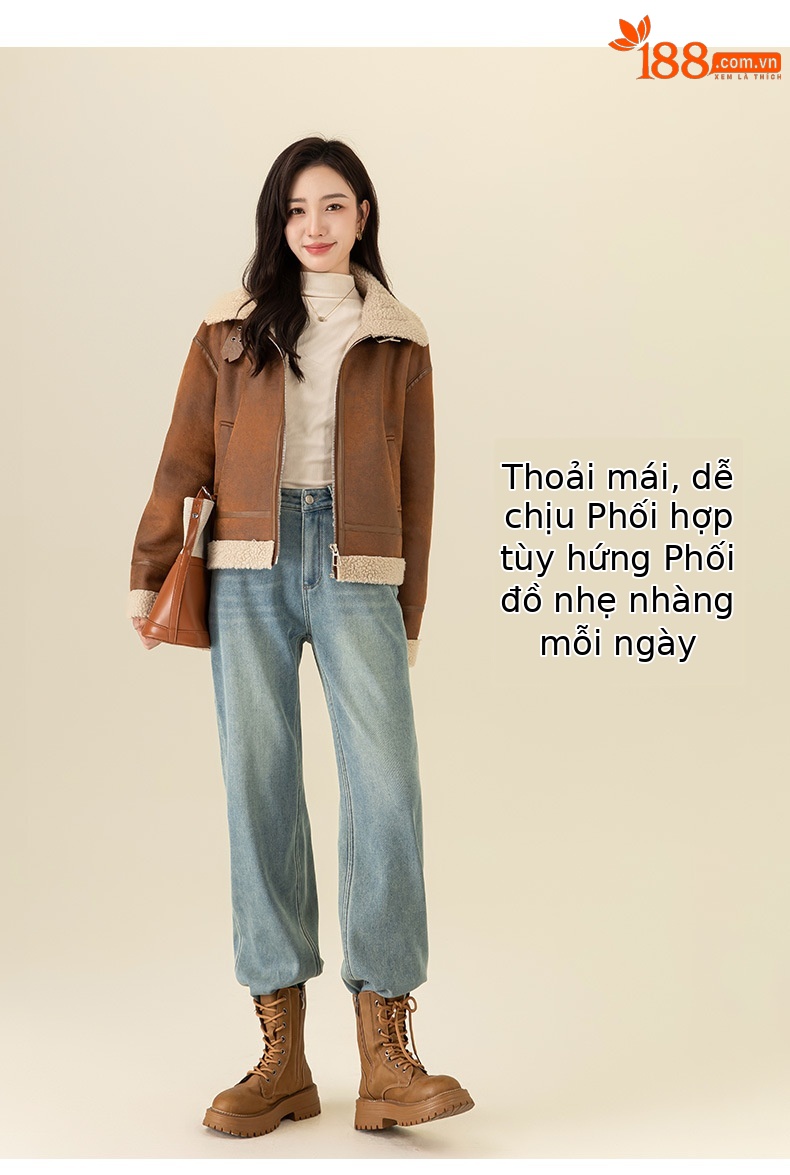 Quần jean ống rộng nữ lưng cao lót lông cừu dáng dài chạm sàn — Màu xanh lam nhạt chi tiết 16