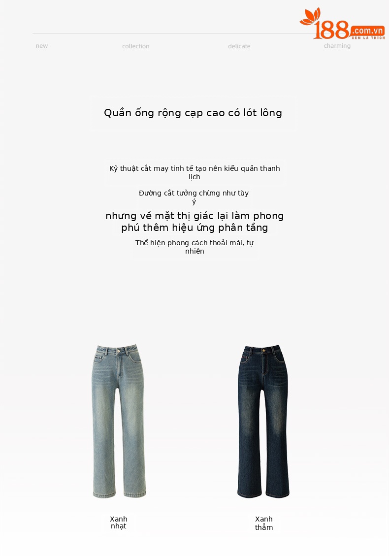 Quần jean ống rộng nữ lưng cao lót lông cừu dáng dài chạm sàn — Màu xanh lam nhạt chi tiết 7
