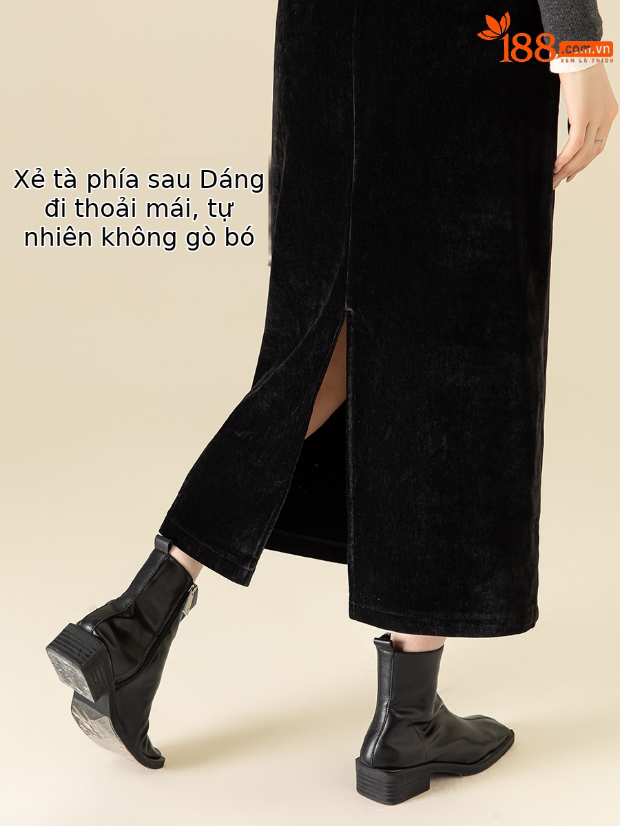 Váy thẳng Chenille dày dặn mùa thu đông, dáng suông che chân, dài đến mắt cá chân — Màu đen