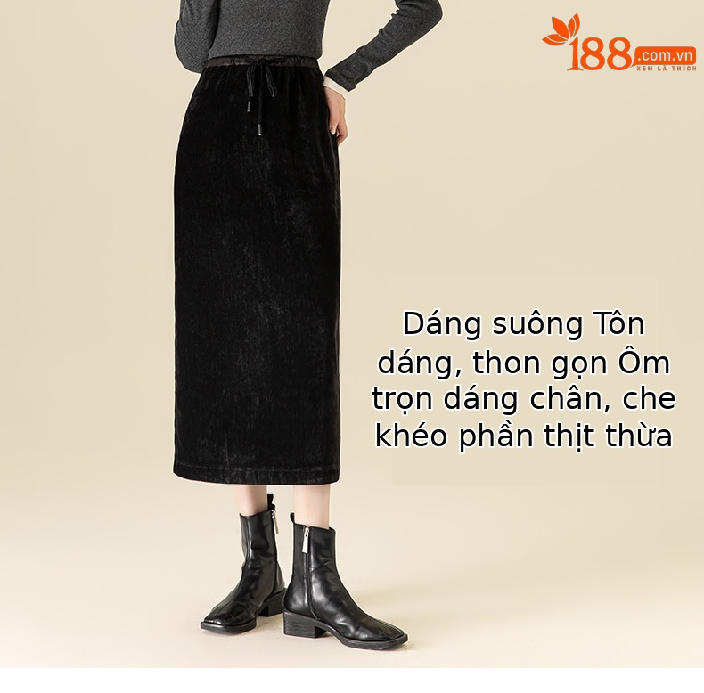 Váy thẳng Chenille dày dặn mùa thu đông, dáng suông che chân, dài đến mắt cá chân — Màu đen chi tiết 11