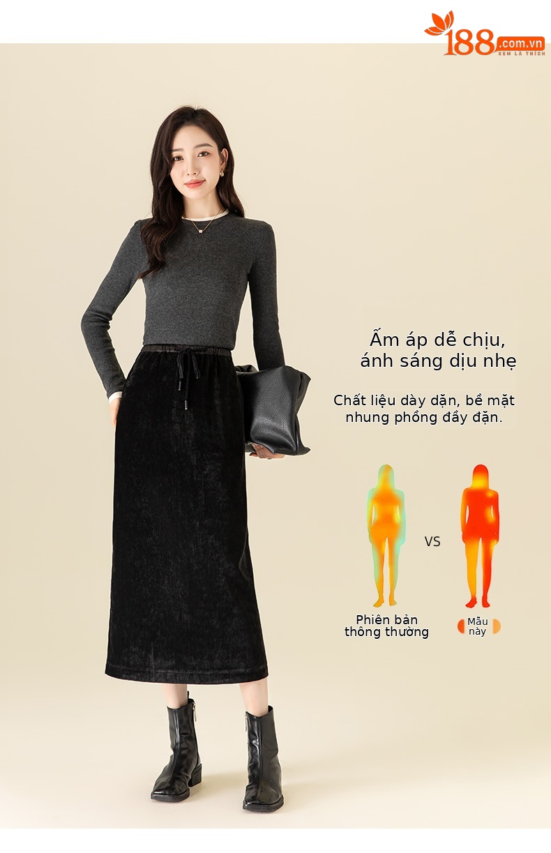 Váy thẳng Chenille dày dặn mùa thu đông, dáng suông che chân, dài đến mắt cá chân — Màu đen chi tiết 12