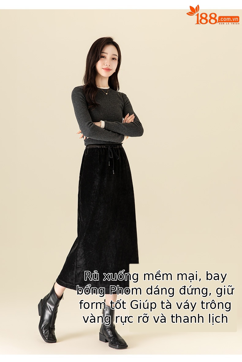 Váy thẳng Chenille dày dặn mùa thu đông, dáng suông che chân, dài đến mắt cá chân — Màu đen chi tiết 14