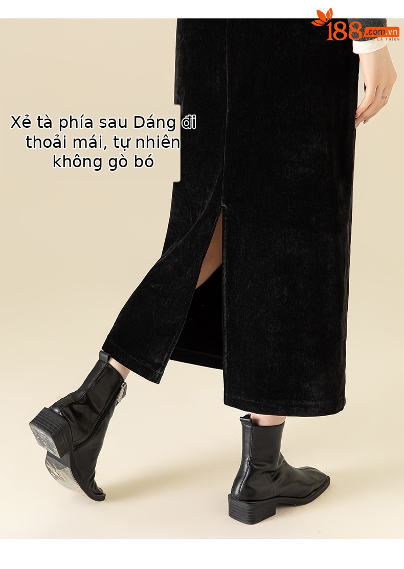 Váy thẳng Chenille dày dặn mùa thu đông, dáng suông che chân, dài đến mắt cá chân — Màu đen chi tiết 16