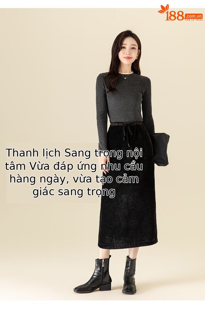 Váy thẳng Chenille dày dặn mùa thu đông, dáng suông che chân, dài đến mắt cá chân — Màu đen chi tiết 17