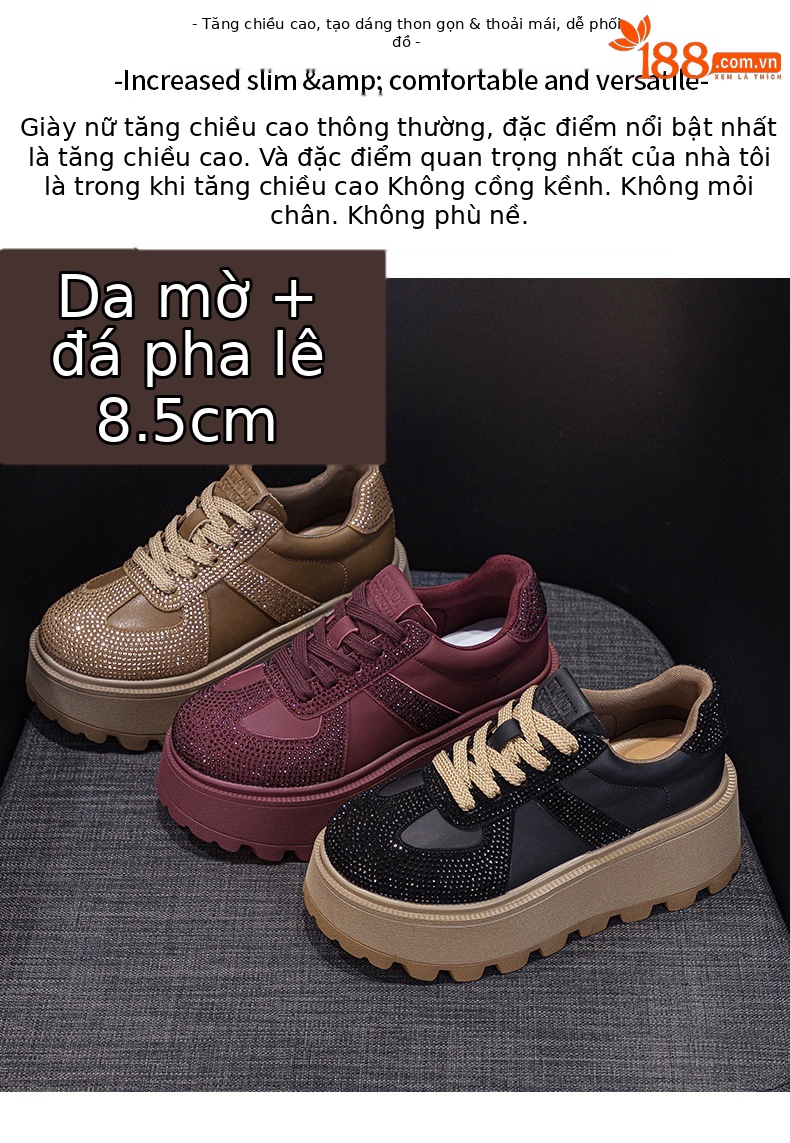 Giày sneaker nữ đế dày tăng chiều cao phong cách Đức retro da lộn đính đá mùa thu 2026 — M2653 lớp lót đơn màu đen, M2653 li đơn màu đỏ, Lớp lót đơn màu vàng M2653, M2653-1 đen cộng với nhung chi tiết 2