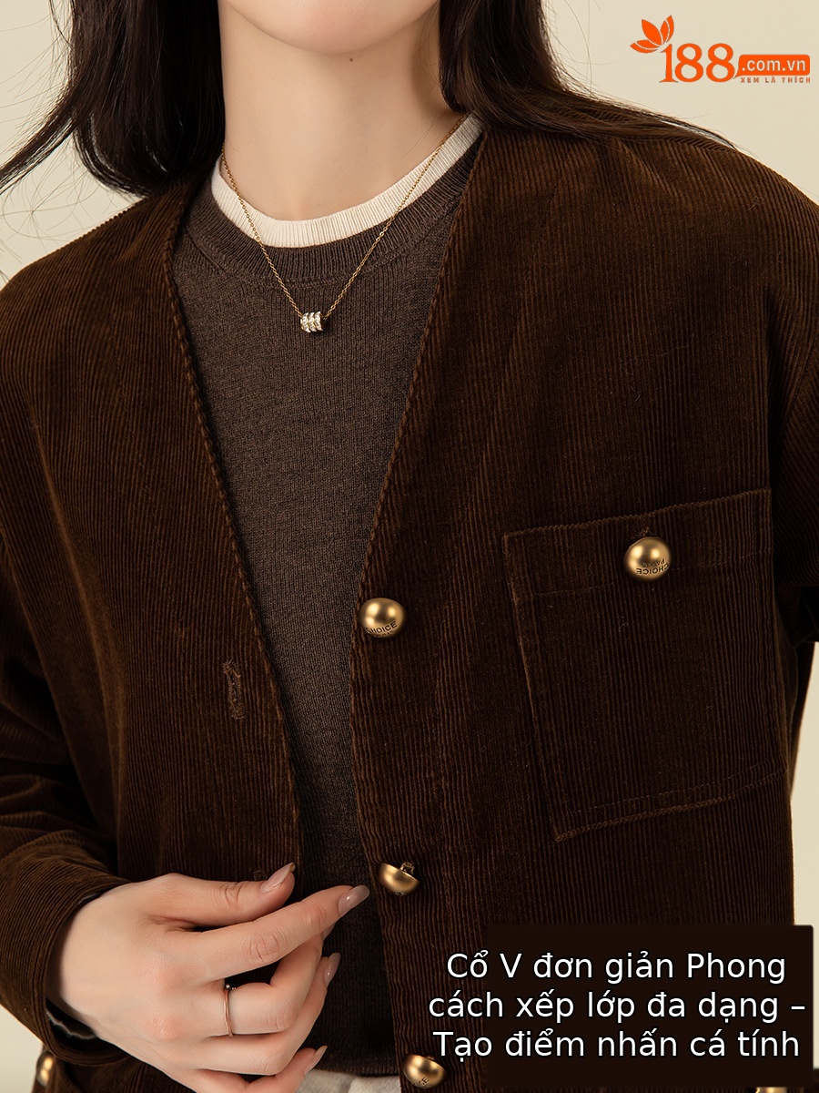 Áo khoác cardigan nữ phong cách Hàn Quốc chất nhung tăm cổ điển, dáng suông dễ phối — Màu cà phê