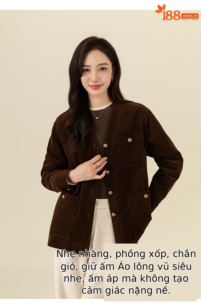 Áo khoác cardigan nữ phong cách Hàn Quốc chất nhung tăm cổ điển, dáng suông dễ phối — Màu cà phê chi tiết 11