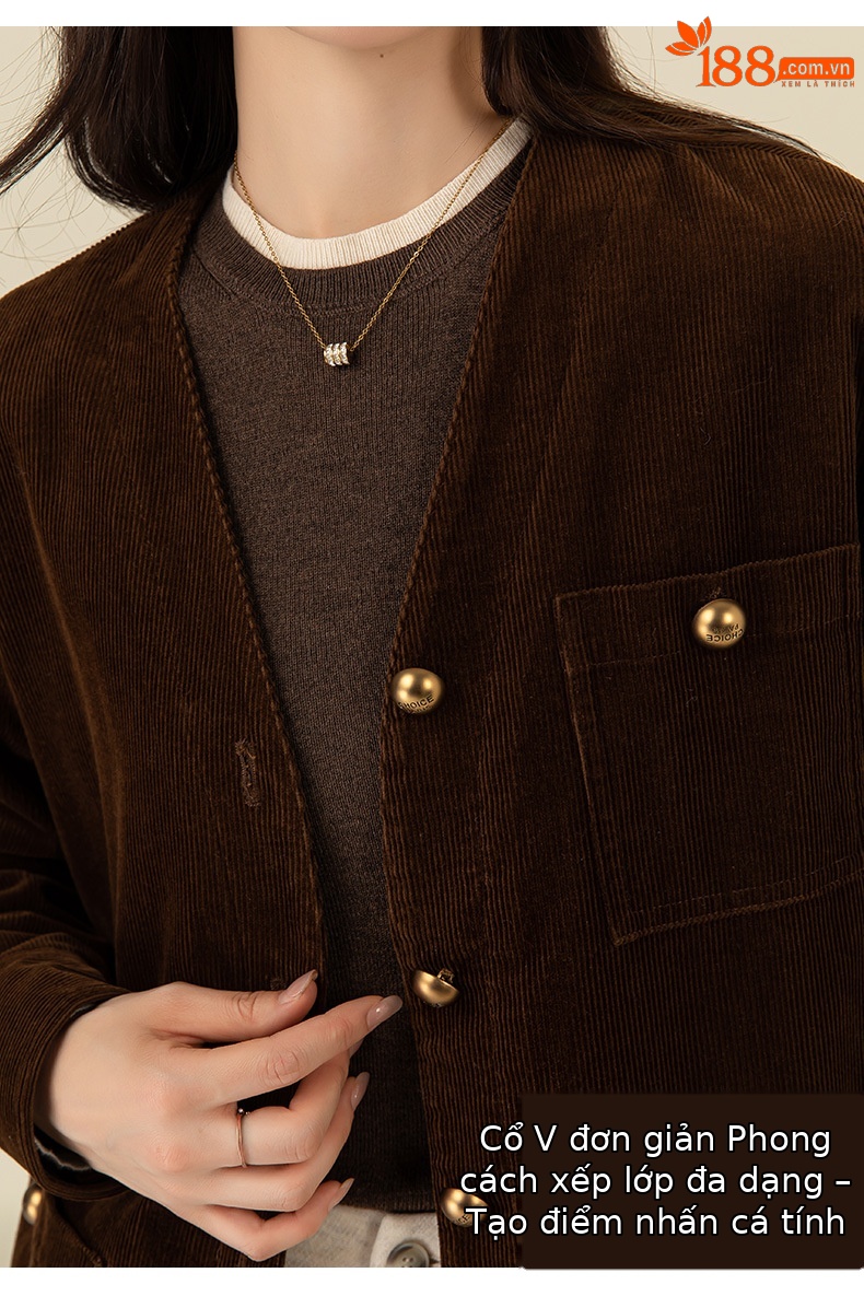 Áo khoác cardigan nữ phong cách Hàn Quốc chất nhung tăm cổ điển, dáng suông dễ phối — Màu cà phê chi tiết 13