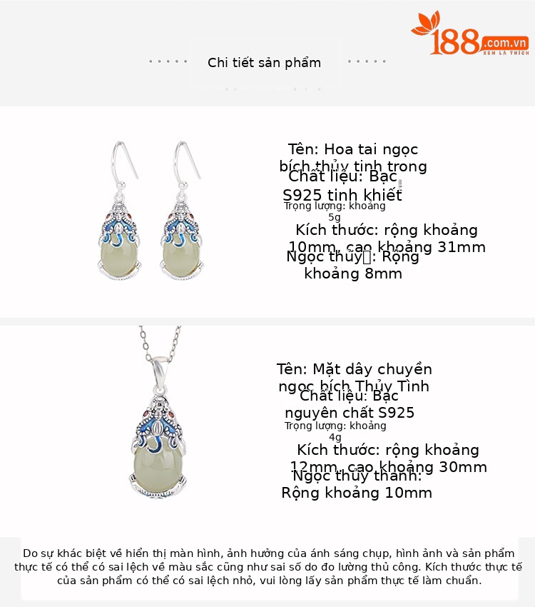 Mặt dây chuyền bạc S925 hình đồng xu Tỳ Hưu ngọc bích thanh thủy, phong cách quốc triều, bộ hai mảnh kèm bông tai — Kiểu mặt dây chuyền (không có dây chuyền) chi tiết 2