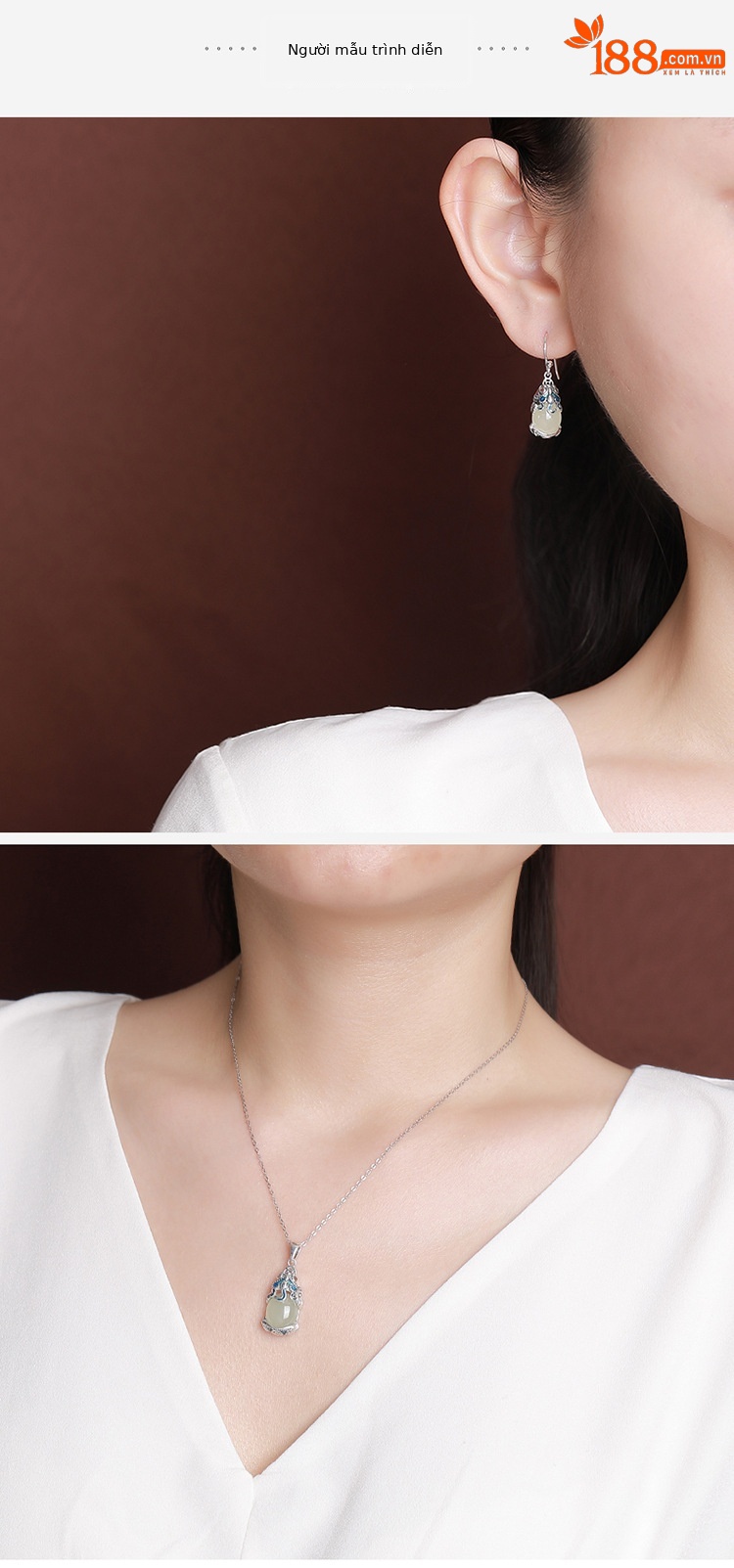 Mặt dây chuyền bạc S925 hình đồng xu Tỳ Hưu ngọc bích thanh thủy, phong cách quốc triều, bộ hai mảnh kèm bông tai — Kiểu mặt dây chuyền (không có dây chuyền) chi tiết 5