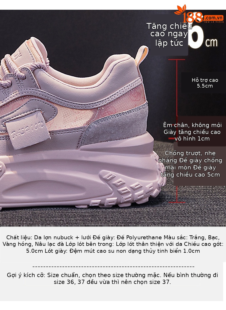 Giày sneaker nữ chunky đế dày mũi tròn phong cách Pháp, tăng chiều cao — Lưới vàng M2313-1, M2313-1 lưới bạc, M2313-1 lưới màu lạc đà, M2313-1 lưới màu trắng chi tiết 6