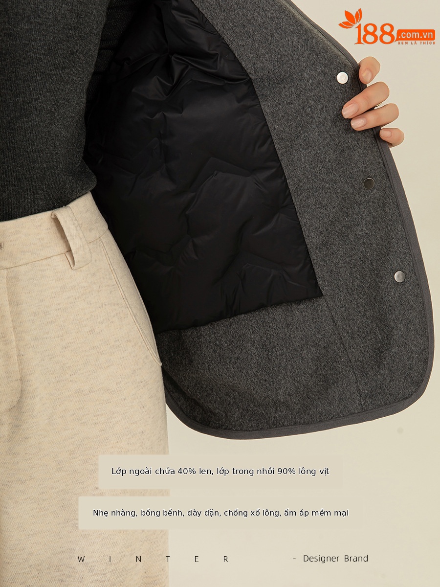 Áo khoác cardigan dáng dài cổ V họa tiết kim cương hai túi, 90% lông vũ trắng — Xám mã não
