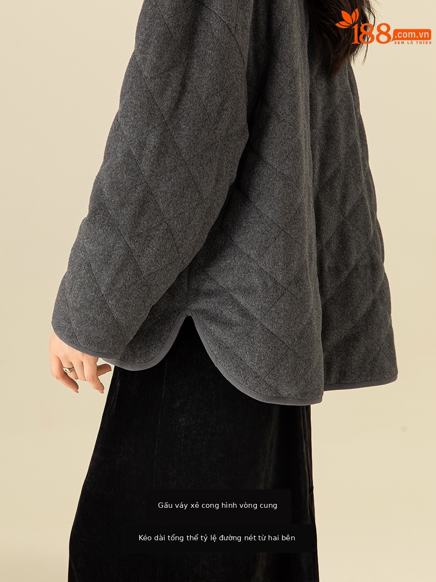 Áo khoác cardigan dáng dài cổ V họa tiết kim cương hai túi, 90% lông vũ trắng — Xám mã não
