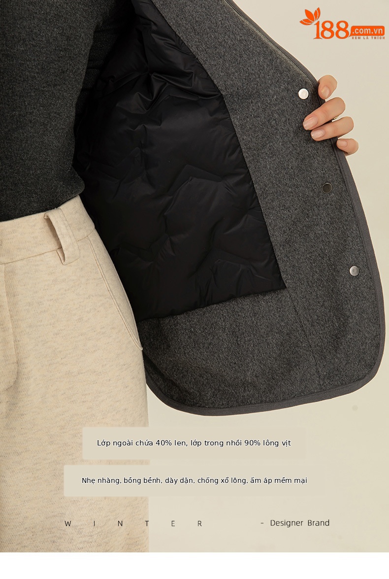 Áo khoác cardigan dáng dài cổ V họa tiết kim cương hai túi, 90% lông vũ trắng — Xám mã não chi tiết 1