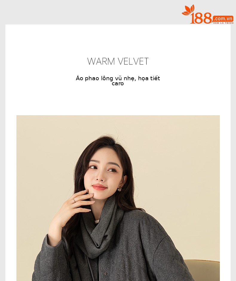 Áo khoác cardigan dáng dài cổ V họa tiết kim cương hai túi, 90% lông vũ trắng — Xám mã não chi tiết 9