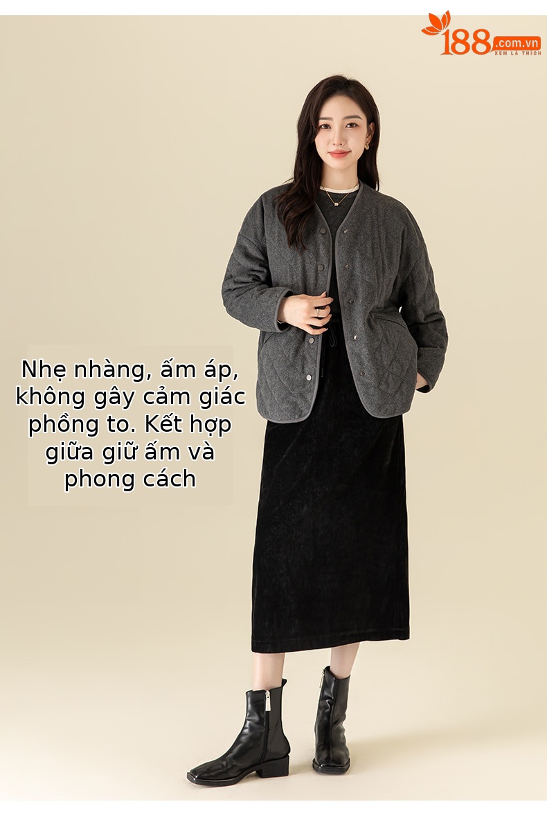 Áo khoác cardigan dáng dài cổ V họa tiết kim cương hai túi, 90% lông vũ trắng — Xám mã não chi tiết 14
