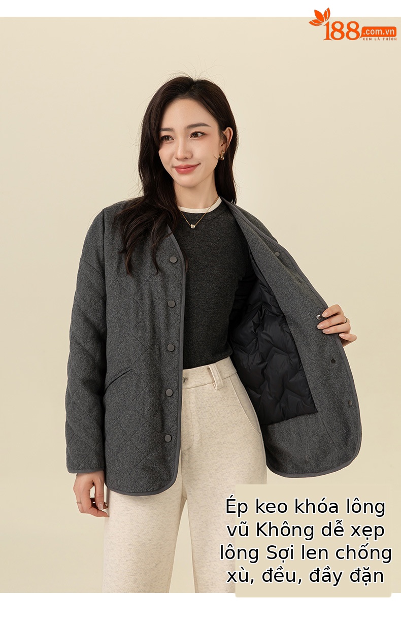 Áo khoác cardigan dáng dài cổ V họa tiết kim cương hai túi, 90% lông vũ trắng — Xám mã não chi tiết 15