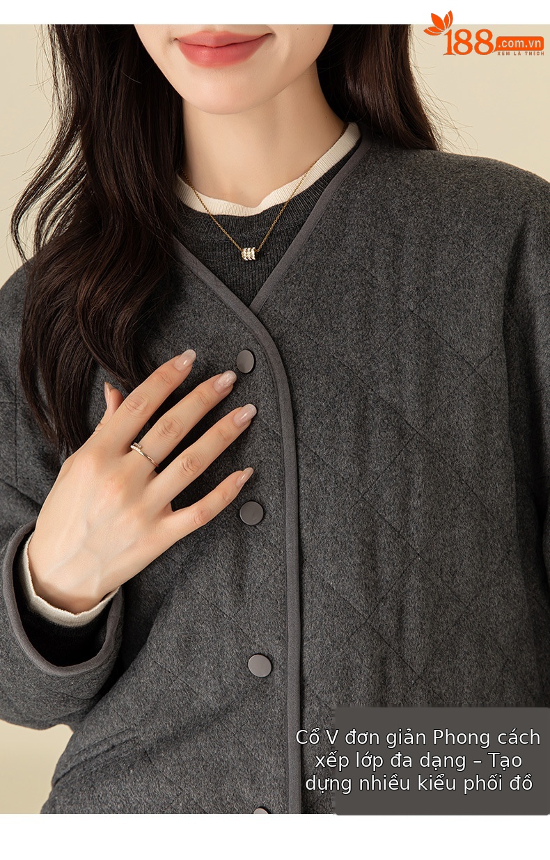 Áo khoác cardigan dáng dài cổ V họa tiết kim cương hai túi, 90% lông vũ trắng — Xám mã não chi tiết 16