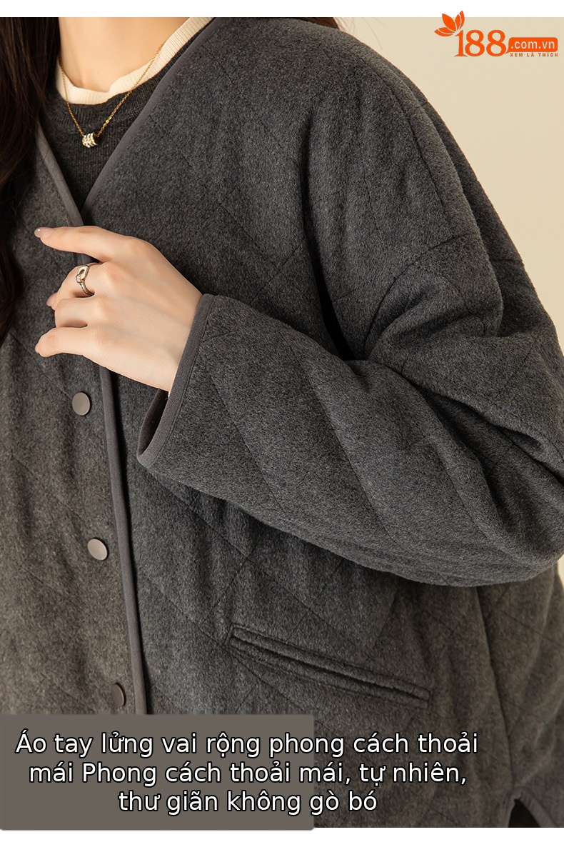 Áo khoác cardigan dáng dài cổ V họa tiết kim cương hai túi, 90% lông vũ trắng — Xám mã não chi tiết 17