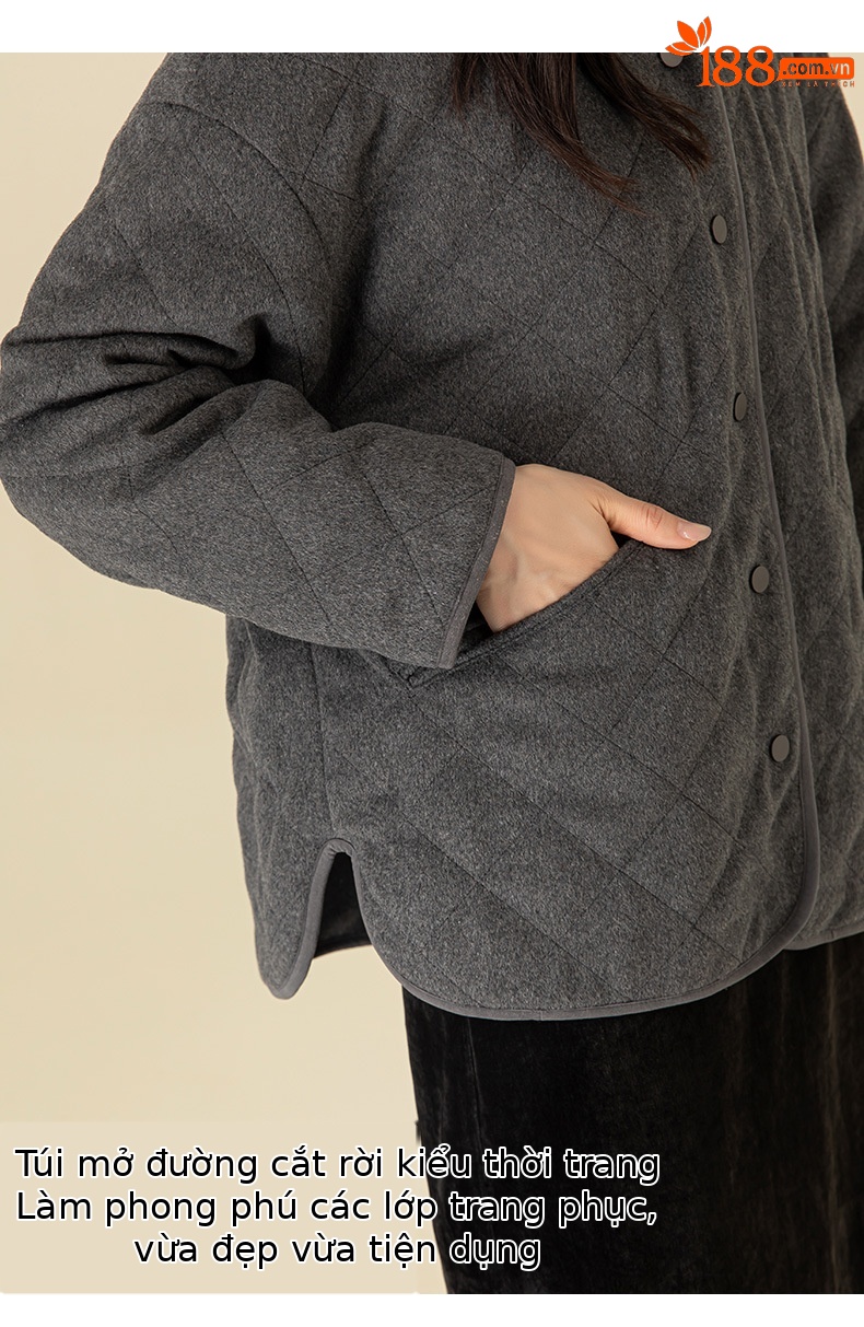 Áo khoác cardigan dáng dài cổ V họa tiết kim cương hai túi, 90% lông vũ trắng — Xám mã não chi tiết 18