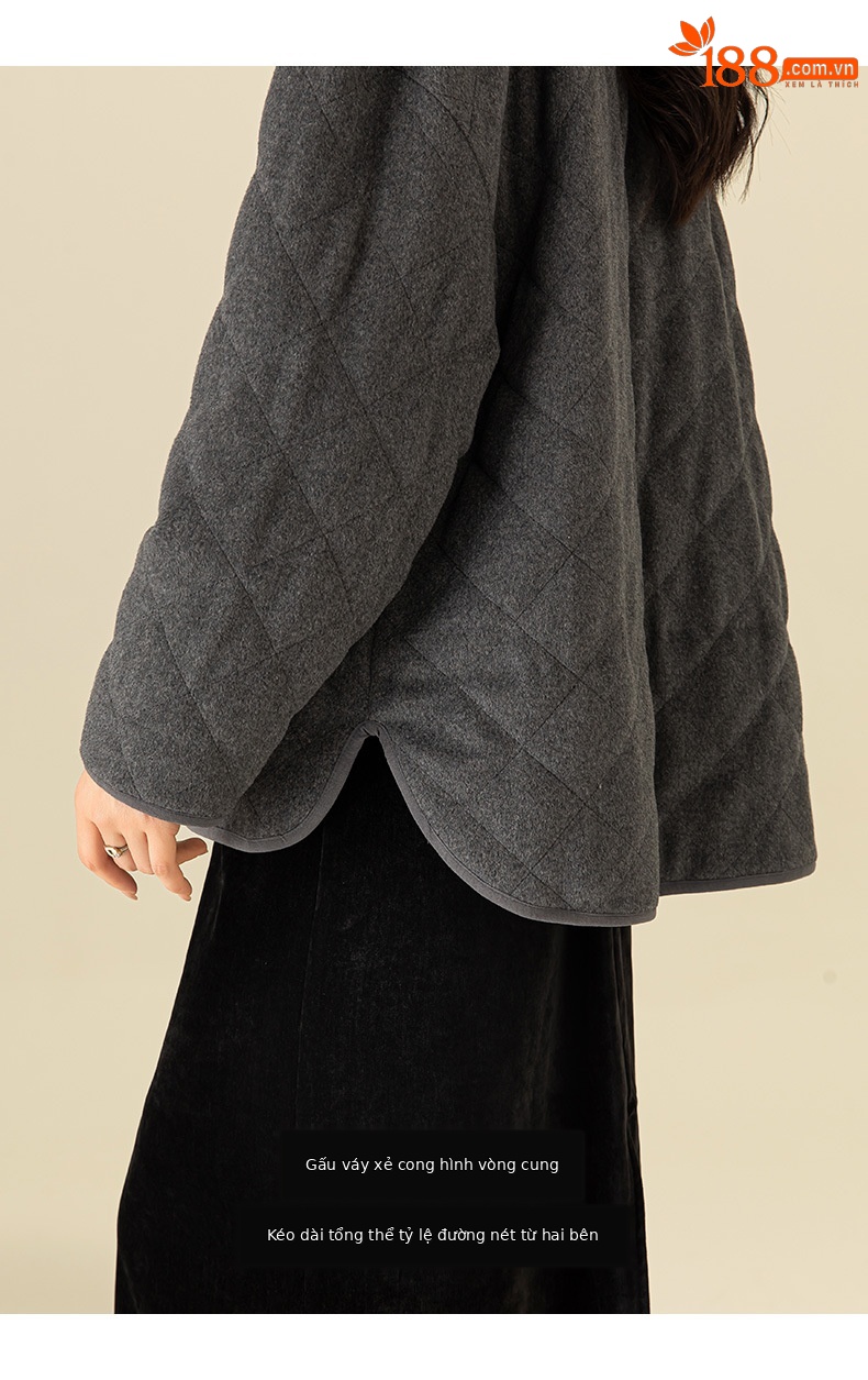 Áo khoác cardigan dáng dài cổ V họa tiết kim cương hai túi, 90% lông vũ trắng — Xám mã não chi tiết 19