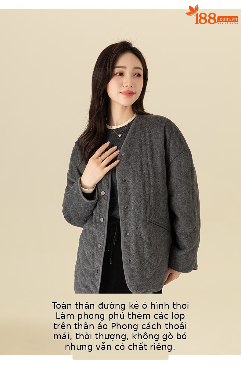 Áo khoác cardigan dáng dài cổ V họa tiết kim cương hai túi, 90% lông vũ trắng — Xám mã não chi tiết 20