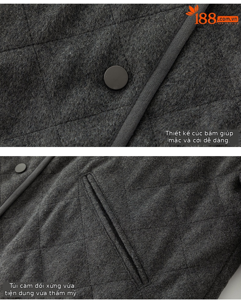 Áo khoác cardigan dáng dài cổ V họa tiết kim cương hai túi, 90% lông vũ trắng — Xám mã não chi tiết 22