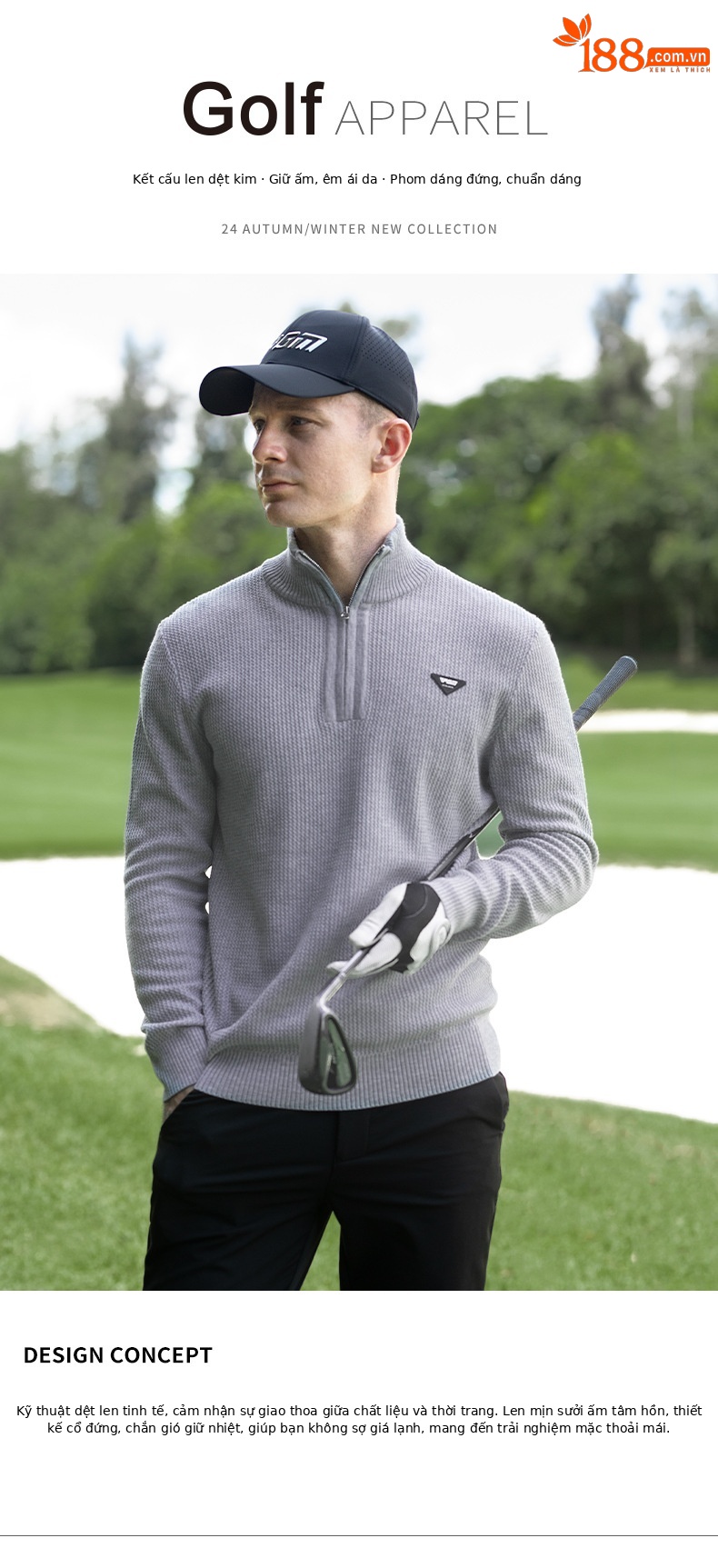 Áo len golf nam cổ đứng dệt kim giữ ấm mùa thu đông — YF720-Áo len màu xám mặt trăng chi tiết 2