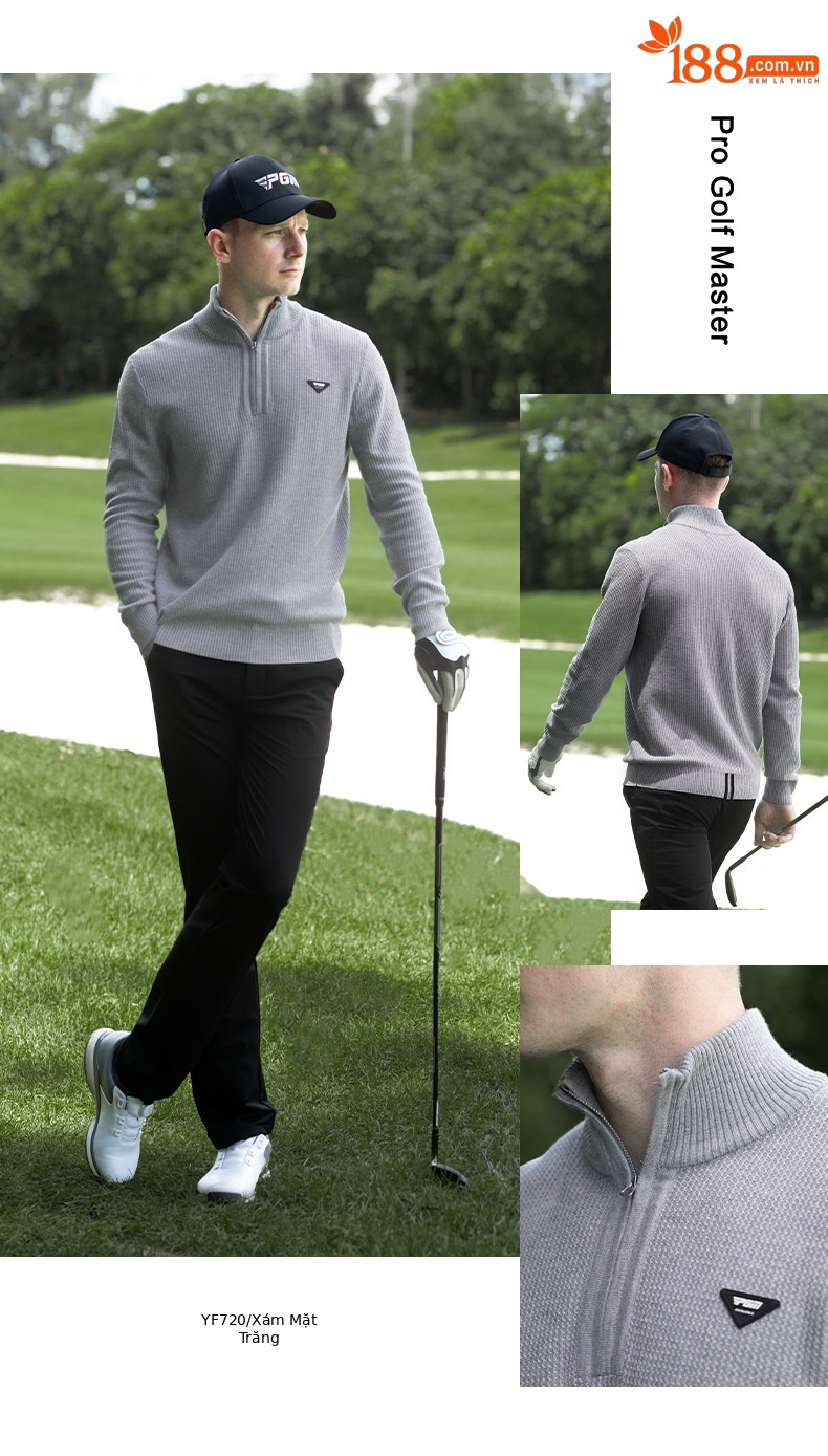 Áo len golf nam cổ đứng dệt kim giữ ấm mùa thu đông — YF720-Áo len màu xám mặt trăng chi tiết 7
