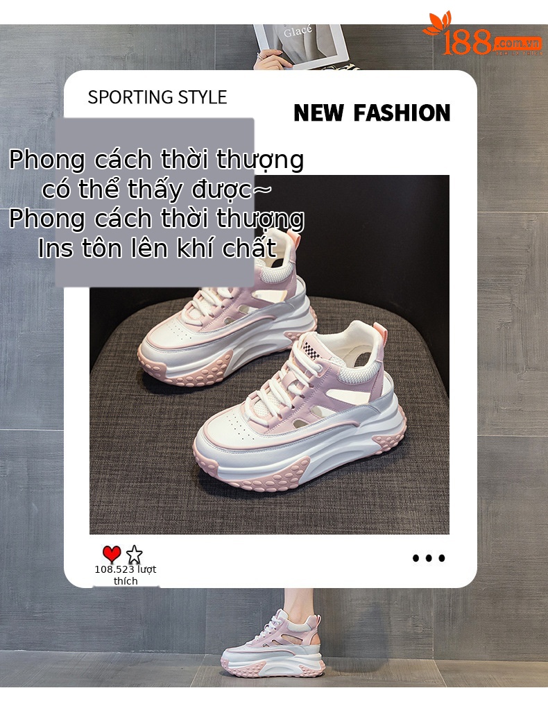 Giày sneaker nữ da thật đế dày phong cách bố mùa hè 2025 nhẹ tăng chiều cao — M2357 màu hồng, M2357 màu xanh lá cây, M2357 màu trắng chi tiết 3