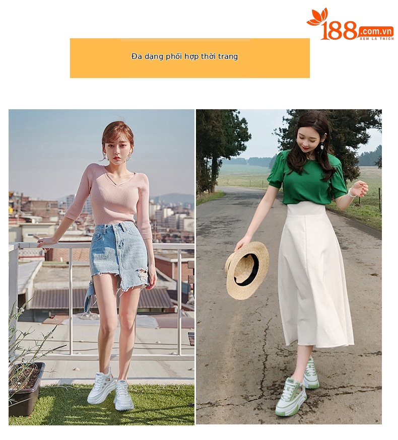 Giày sneaker nữ da thật đế dày phong cách bố mùa hè 2025 nhẹ tăng chiều cao — M2357 màu hồng, M2357 màu xanh lá cây, M2357 màu trắng chi tiết 7