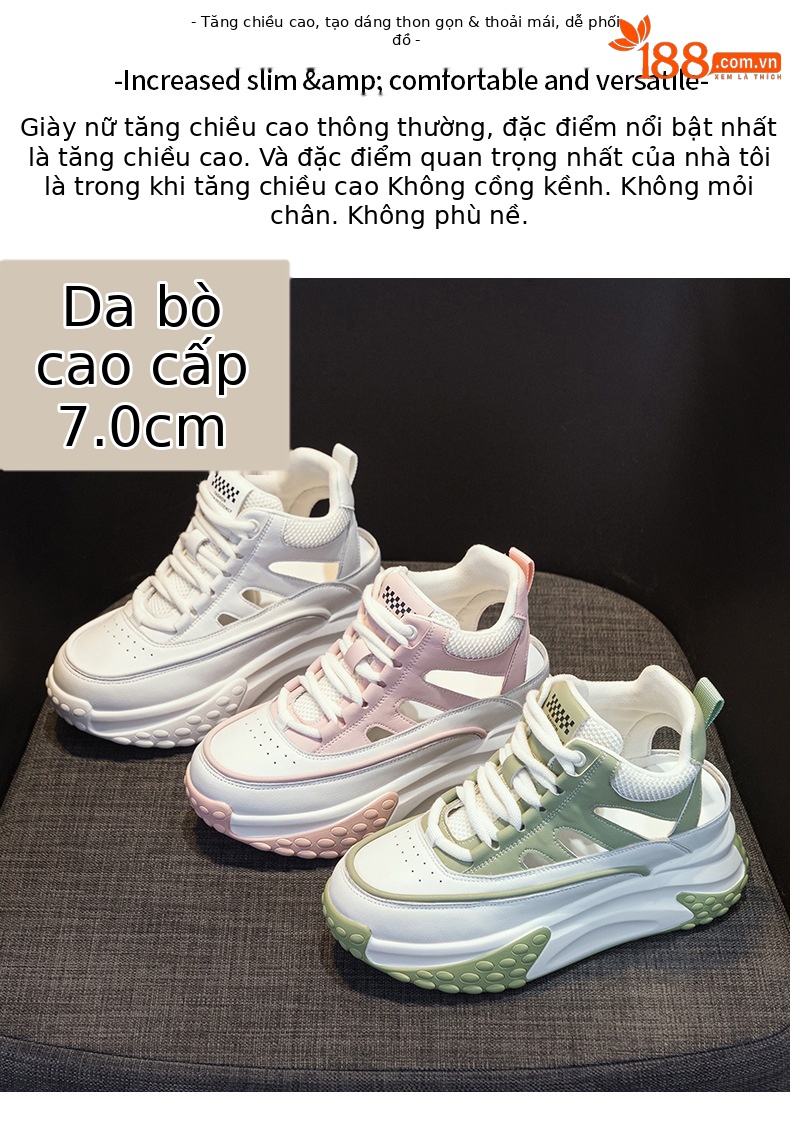 Giày sneaker nữ da thật đế dày phong cách bố mùa hè 2025 nhẹ tăng chiều cao — M2357 màu hồng, M2357 màu xanh lá cây, M2357 màu trắng chi tiết 2