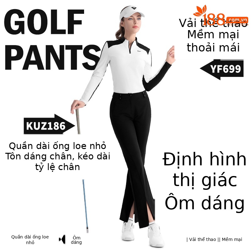 Quần thể thao golf nữ co giãn thiết kế mỏng, ống đứng — KUZ186 [Khe hở siêu nhỏ/túi khóa kéo/dài chân] màu đen, KUZ186 [Khe hở siêu nhỏ/túi có khóa kéo/dài chân] màu trắng