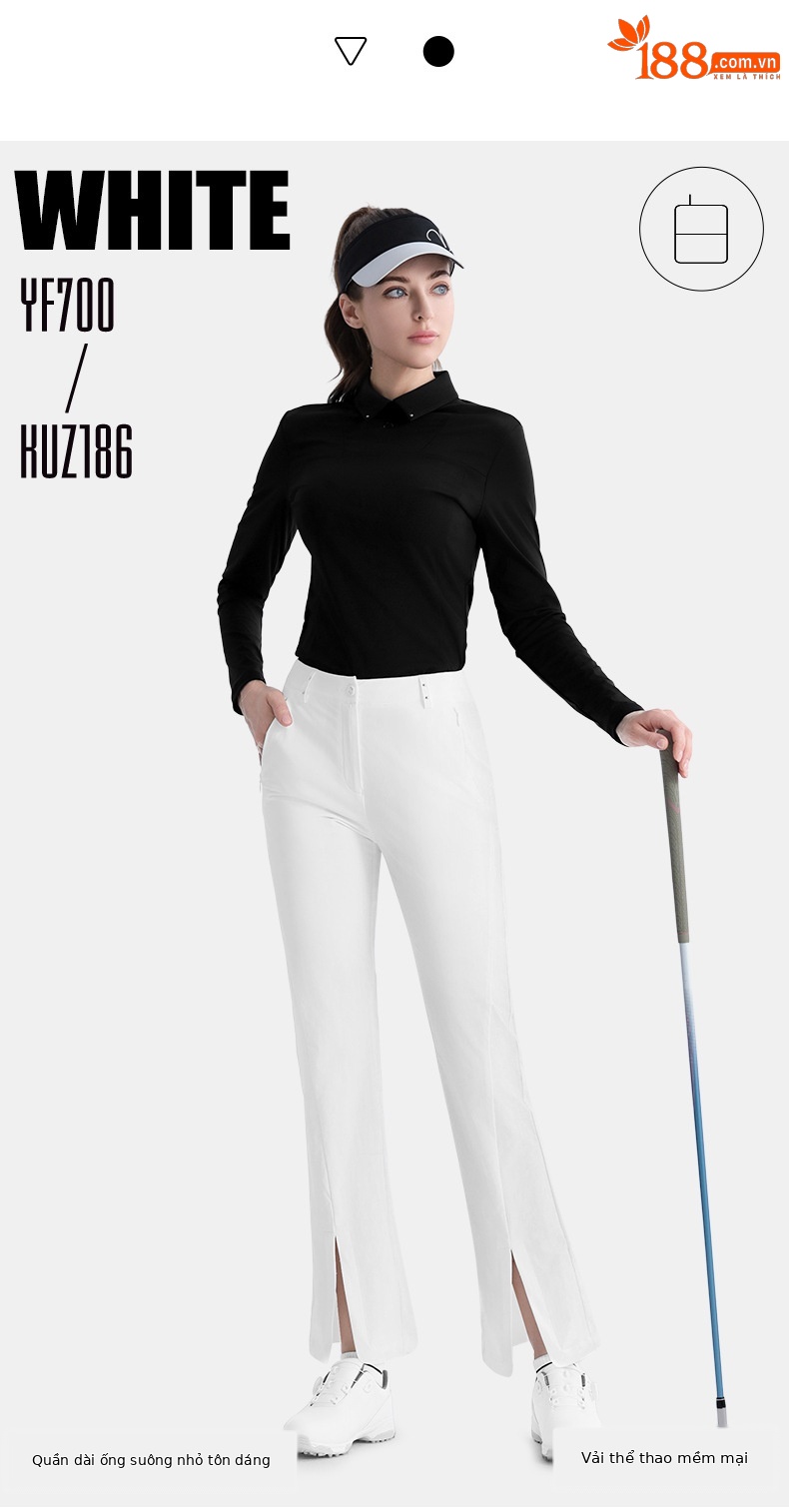 Quần thể thao golf nữ co giãn thiết kế mỏng, ống đứng — KUZ186 [Khe hở siêu nhỏ/túi khóa kéo/dài chân] màu đen, KUZ186 [Khe hở siêu nhỏ/túi có khóa kéo/dài chân] màu trắng chi tiết 3