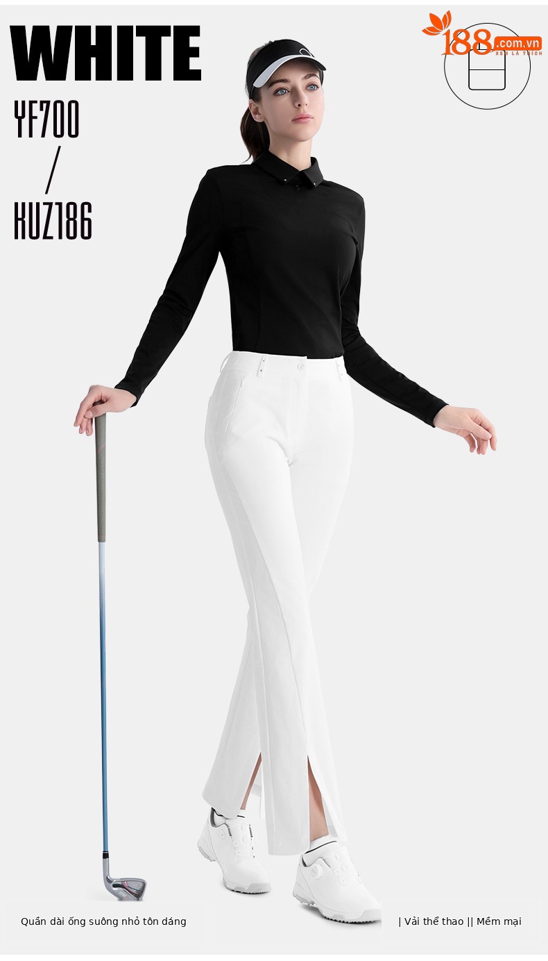 Quần thể thao golf nữ co giãn thiết kế mỏng, ống đứng — KUZ186 [Khe hở siêu nhỏ/túi khóa kéo/dài chân] màu đen, KUZ186 [Khe hở siêu nhỏ/túi có khóa kéo/dài chân] màu trắng chi tiết 4