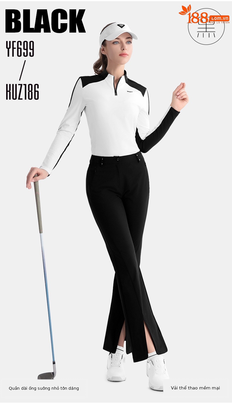 Quần thể thao golf nữ co giãn thiết kế mỏng, ống đứng — KUZ186 [Khe hở siêu nhỏ/túi khóa kéo/dài chân] màu đen, KUZ186 [Khe hở siêu nhỏ/túi có khóa kéo/dài chân] màu trắng chi tiết 8