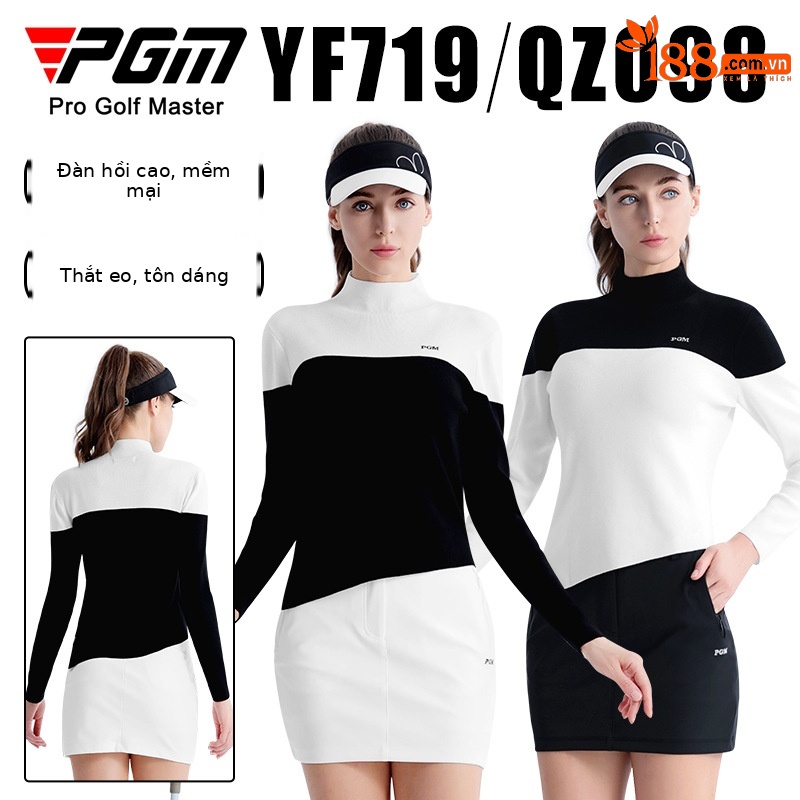 Áo len golf nữ ôm dáng chít eo phối váy ngắn thể thao — YF719-Áo len trắng đen, YF719-Áo len đen trắng