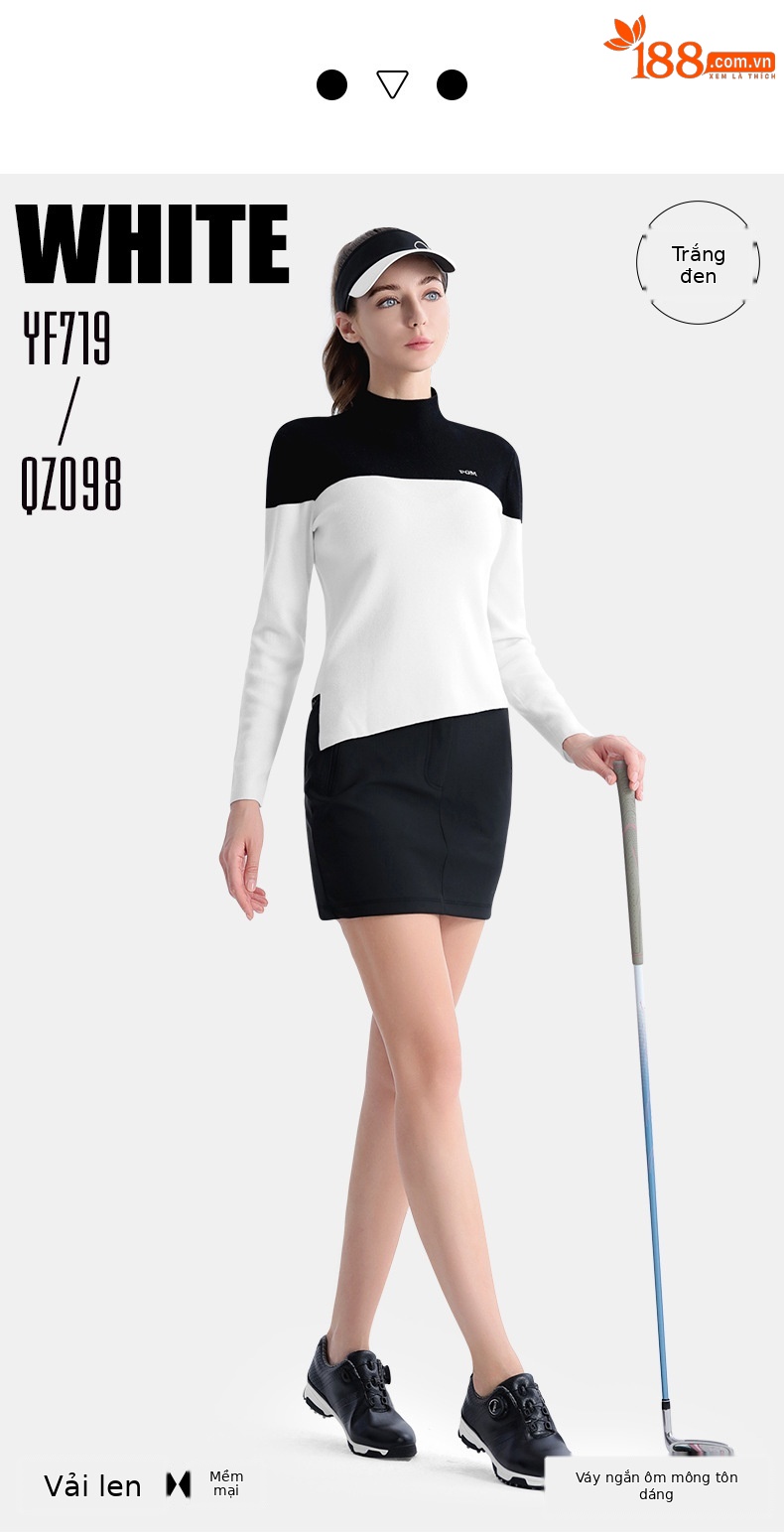 Áo len golf nữ ôm dáng chít eo phối váy ngắn thể thao — YF719-Áo len trắng đen, YF719-Áo len đen trắng chi tiết 7