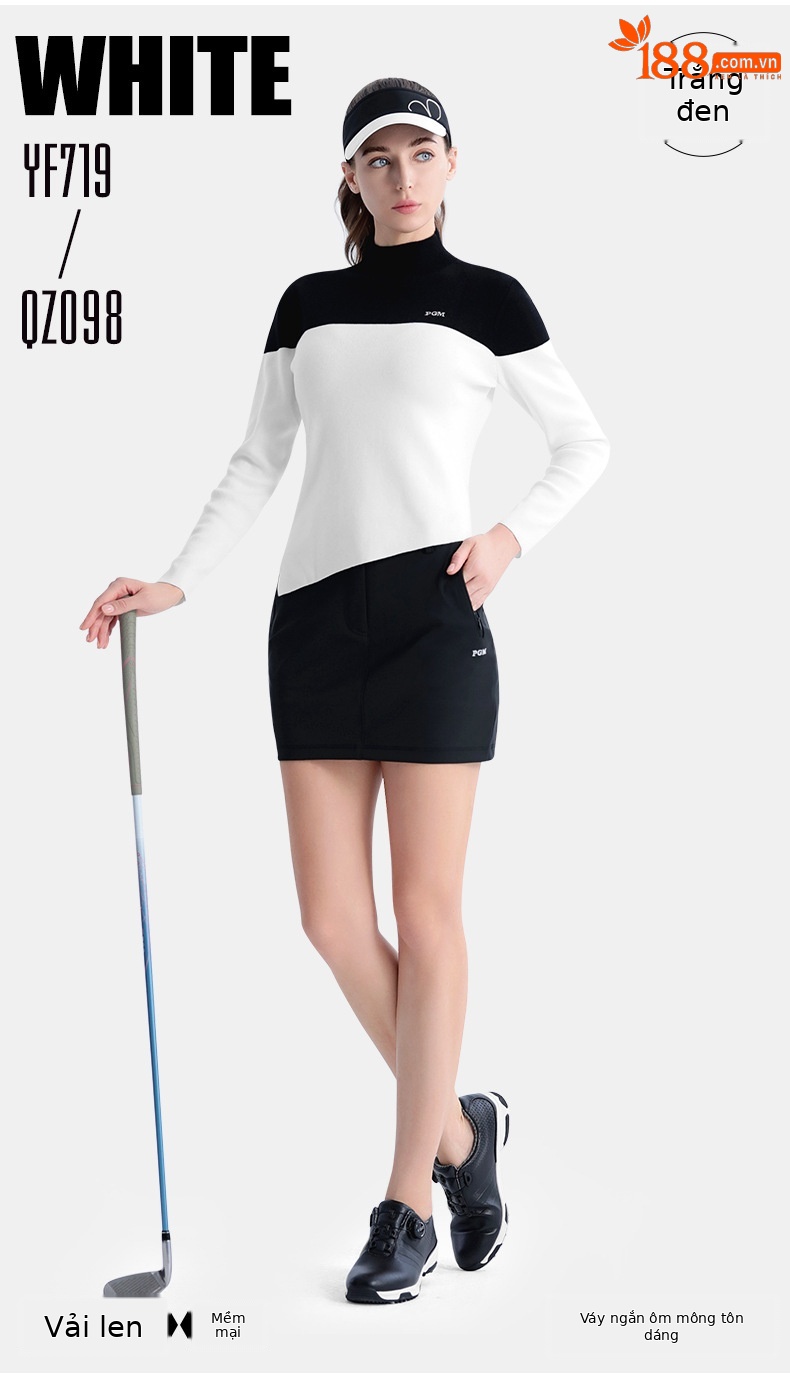 Áo len golf nữ ôm dáng chít eo phối váy ngắn thể thao — YF719-Áo len trắng đen, YF719-Áo len đen trắng chi tiết 8