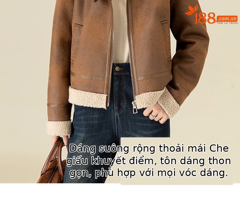 Áo khoác ngắn giả da cừu lông cừu dày dặn kiểu cổ điển Xingge dành cho nữ — Màu nâu kaki chi tiết 11