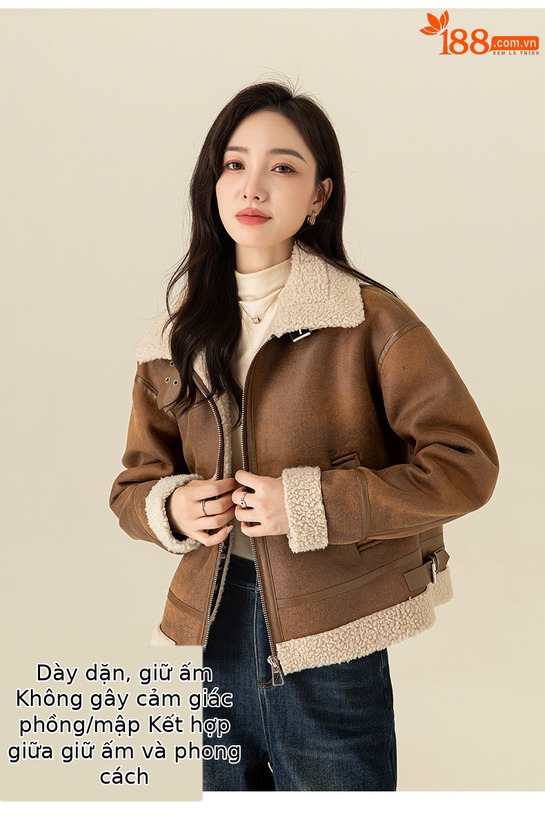 Áo khoác ngắn giả da cừu lông cừu dày dặn kiểu cổ điển Xingge dành cho nữ — Màu nâu kaki chi tiết 12