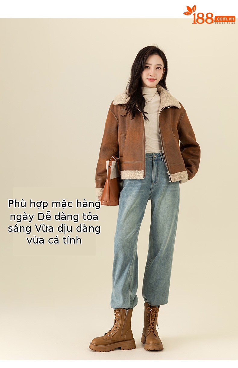 Áo khoác ngắn giả da cừu lông cừu dày dặn kiểu cổ điển Xingge dành cho nữ — Màu nâu kaki chi tiết 17