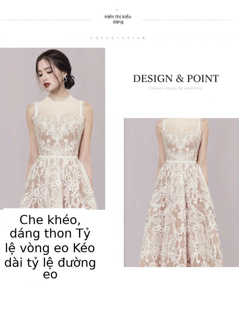 Đầm maxi nữ ren trắng không tay cổ tròn eo cao — Trắng chi tiết 3