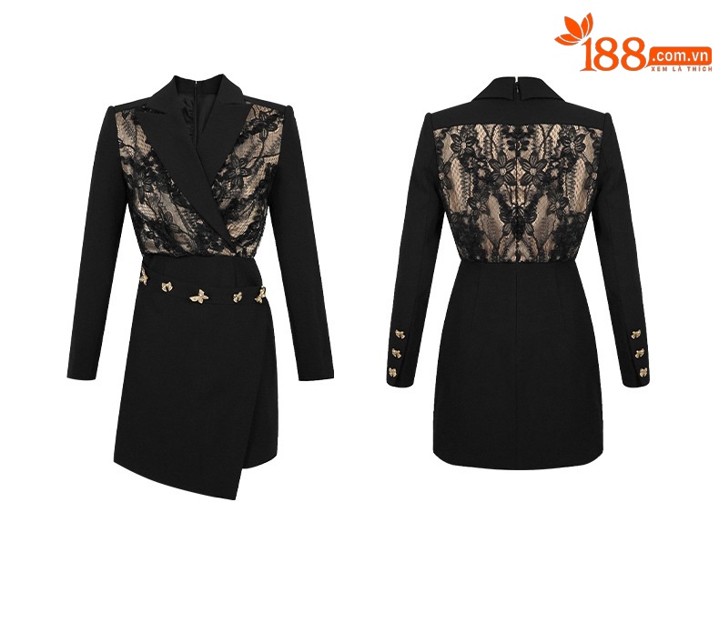 Đầm blazer nữ công sở thiết kế nối mảnh bất đối xứng tay dài — Màu đen chi tiết 3