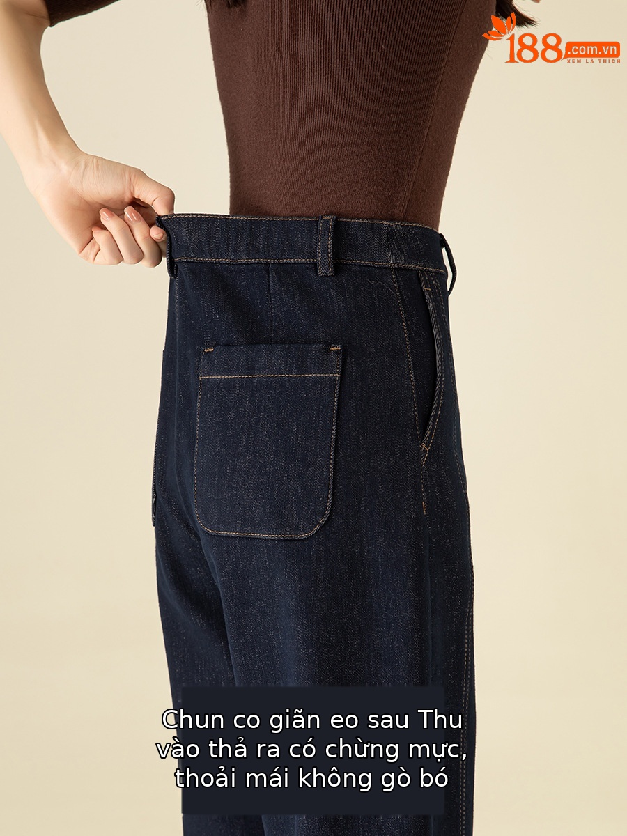 Quần jean nữ cạp cao ống rộng lót lông cừu dày dặn — Xanh denim
